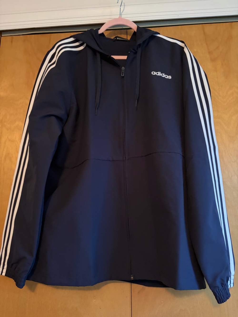 Adidas Men's Navy Hooded Track wind breaker Jacket with Signature 3-Stripes
